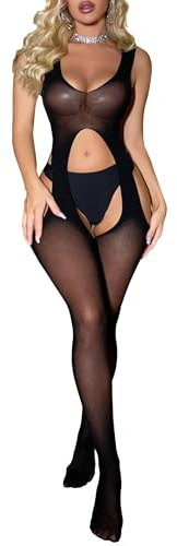 XIUSEMY Lencería para mujer, body de red con medias adjuntas, body sexy, ropa de dormir suave, talla grande, Qh Negro, Talla única