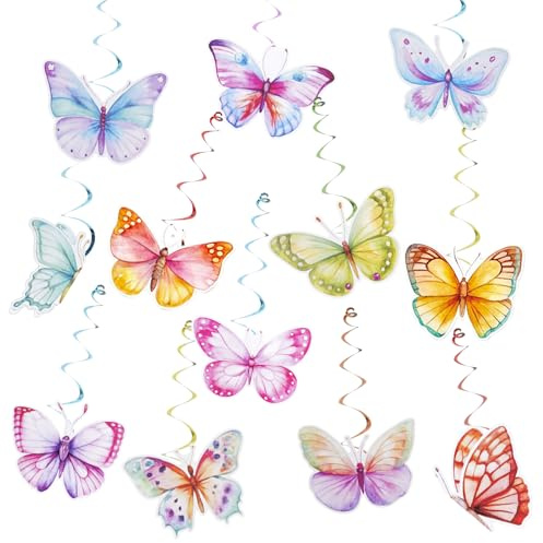24 Stück Schmetterling Deko Geburtstag Hängende Wirbel, Fliegende Schmetterlinge Deko für Frühling Sommer Party, Mädchen Geburtstag, Hochzeit Feier, Bunte Spiralen Schmetterling