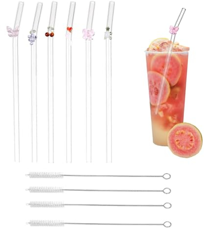 10 PCS Durable Glass Straws with Charms Set, Attractive Glasses Straw | with Cleaning Brush Cute Clear Straws Suitable for Juice Smoothies Coffee Milkshakes and Hot Drinks