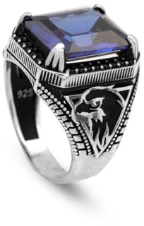 Jewellery Pit - Saphir-Adler-Siegelring für Männer – Handgefertigter Vintage-Edelsteinring aus Sterlingsilber mit individueller Gravur – Verlobungsring-Geschenk mit Silberpoliertuch (61)