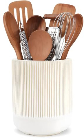 Utensil Holder,H18.6xD15cm Ceramic Kitchen Utensils Holder,Large Cooking Utensil Pots for Kitchen Counter,Morden Utensil Organizer for Spatula(off white)