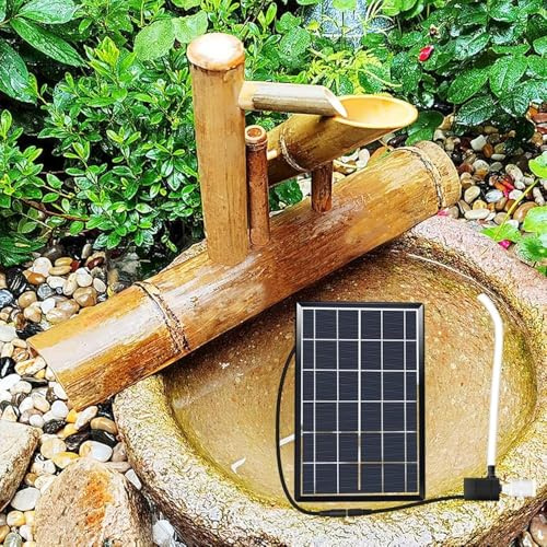 Fontana ad energia solare per esterni, design giapponese a dondolo in bambù con pompa, pannello solare, filtro dell'acqua e tubo da 2 m, perfetta per prato, giardino, decorazione da cortile