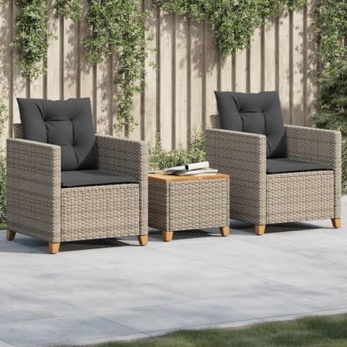 Holamys Ensemble de bistro 3 pièces en polyrotin et bois d'acacia - Gris - Table 45 x 45 x 37 cm - Avec coussin - Résistant aux UV - Pour balcon et jardin