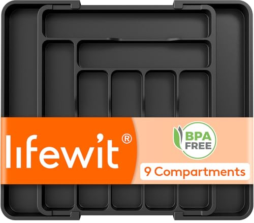 Lifewit Expandable Kitchen Cutlery Tray, 9 Compartment Drawer Organiser for Forks Spoons and Knives, Plastic Utensil Holder, Black