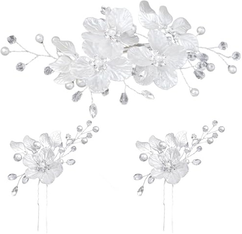 Wedding Hair Accessories Silver, 3-Piece Bridal Hair Accessories Set, Elegant Comb & Pins with Flowers, Pearls and Crystals, Handmade Bridal Jewelry for Women and Girls