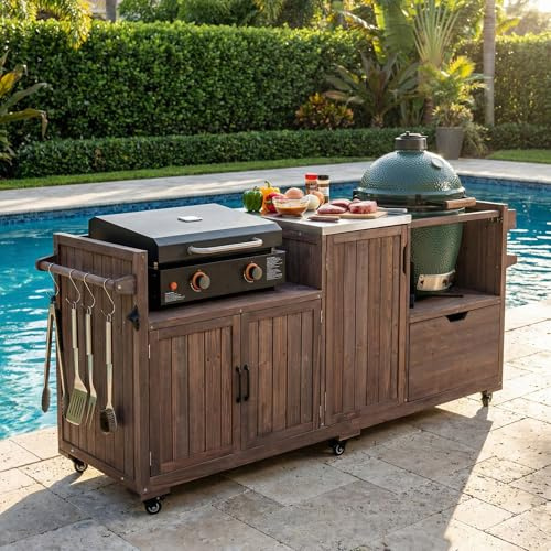 LUMISOL Outdoor Grill Cart for Big Green Egg, 80.5 Solid Wood Outdoor Kitchen Island with Stainless Steel Top and Drawer, Rolling Kitchen Cart for 21/28 Blackstone Griddle, Dark Brown