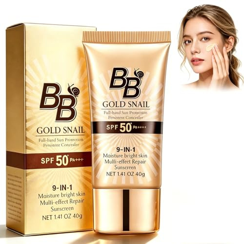 BB Cream Solaire Escargot Doré,Protection Solaire SPF50+ PA++++,Correcteur de Teint Hydratant,Fini Naturel Floutant,Contrôle du Sébum,Résistant à l’eau,Teint Léger et Longue Tenue,01# Naturel,40g