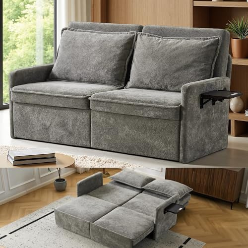 EBELLO Sofa mit Schlaffunktion 201x175cm Schlafsofa mit Kissen und USB, 3-in-1 Sofas&Couch mit 5-stufig Verstellbarer Rückenlehne, Sofa Bett Klappbar Schlafcouch mit Stauraum, Chenille, Grau
