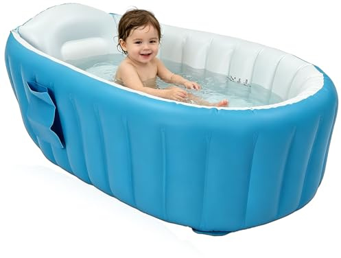 Aufblasbare Baby Badewanne, Säuglings Kinder Badewanne mit Luftpumpe & Reparatur-Set, Reise Tragbare Badewanne für Dusche Kinder, Planschbecken, Neugeborenen Bad für Jungen und Mädchen, Blau