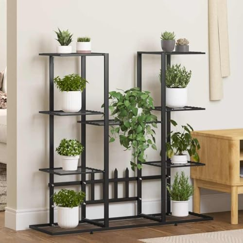 QUAHEAS Supporto per fiori in ferro verniciato a polvere, 94,5 x 25 x 89 cm, nero, stabile, per balcone, terrazza, interni ed esterni, versatile scaffale per piante come scala per fiori e stoccaggio