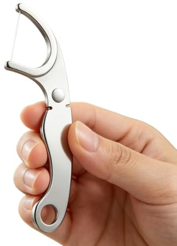 Filo interdentale in acciaio inossidabile con manico riutilizzabile e portachiavi, supporto ricaricabile, per pulizia oggetti estranei (A)