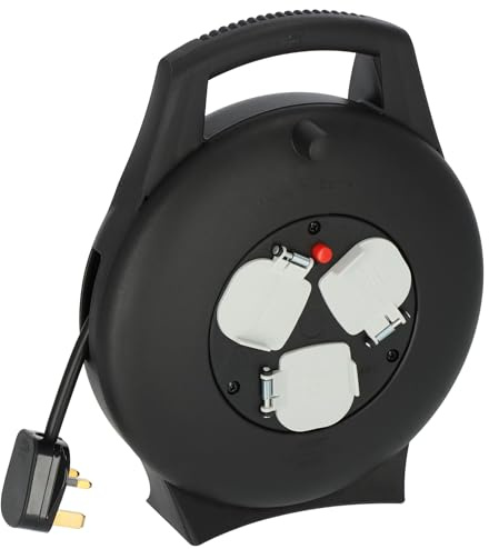 Brennenstuhl Vario Line 3-Way Extension Reel 10m (Made in Germany, Portable Extension Cable, Safety Cut-Out, Indoor Cable Reel with Carry Handle)