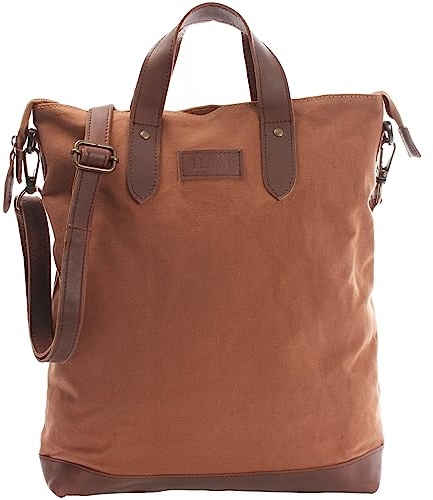 LECONI Shopper Leder + Canvas Vintage-Look Umhängetasche für Damen Henkeltasche große Beuteltasche DIN A4 Damentasche Handtasche 39x45x10cm LE0037-C, Cognac / Braun,