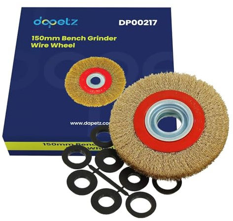 Dapetz 150mm 6 Bench Grinder Wire Wheel - Brassed Crimped Steel Wire Bristles - 10pcs Adaptor Rings - Cleaning, Derusting, Polishing