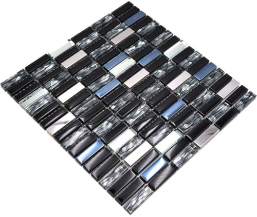 Mosaik Fliese Transluzent Edelstahl schwarz Stäbchen Glasmosaik Crystal Stahl schwarz Glas für WAND BAD WC, Mattengröße: 298x304 = 0,09 qm, Steingröße: 15x48x8 mm - 1 Matte