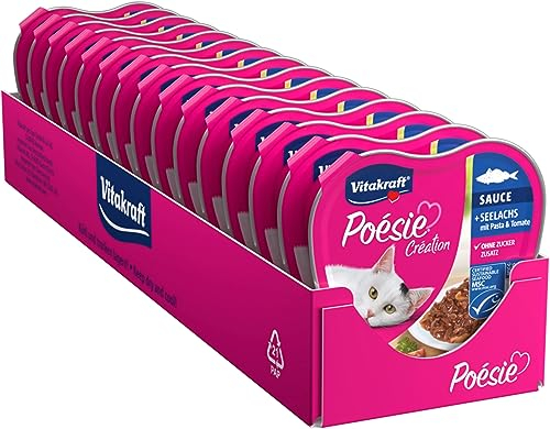 Vitakraft Katzennassfutter Poésie Délice, Seelachs mit Pasta und Tomate, in Sauce, für ausgewachsene Katzen, ernährungsphysiologisch abgestimmt, ohne Zusatz von Zucker (15x 85g)