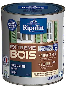 RIPOLIN - Peinture pour Bois Intérieur/Extérieur - Sans Sous-couche Ultra-couvrant - Résiste aux Intempéries, UV et Chocs - Protège et Magnifie - Lessivable - Satin - 0,5L - Bleu Marine