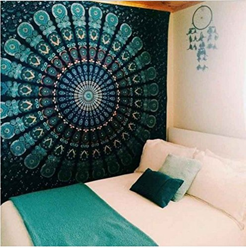 Mandala Tapisserie murale à suspendre style bohème pour dortoir, Polyester, Vert paon., 210x150cm