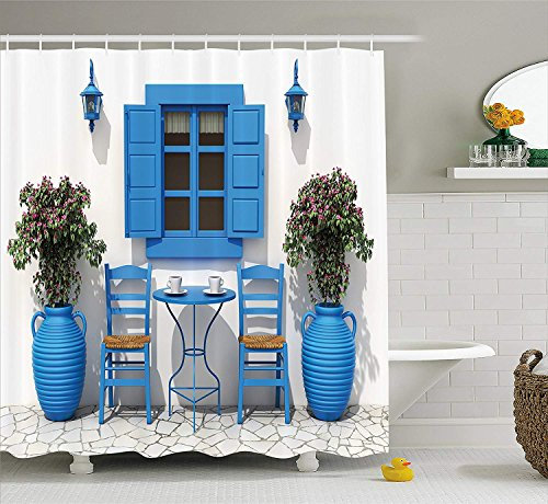 gwegvhvg Voyage Décor Rideau De Traditionnel Grec Design Vacances Maison D'été Fleurs Fenêtre Image Décor des Set avecs Long Marine Bleu Et Blanc