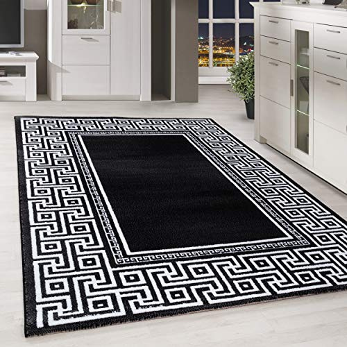 HomebyHome Teppich Wohnzimmer 80x150 cm Läufer Flur Schwarz Kurzflor Bordüre Design - Teppich Schlafzimmer, Esszimmer, Küche Flauschiger Extra Weich Tepich Waschbär Einfache Reinigung