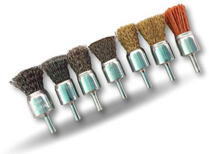 Assortiments de 7 brosses rotatives métalliques et nylon en bout Ø 22 mm | Forme pinceau sur tige Ø 6 mm | Acier inox laiton nylon abrasif | Pour perceuse ou visseuse à mandrin | Kibros 20xx22divx7