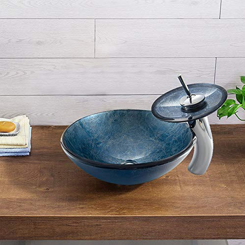 HomeLava Mini Gehärtetes Glas Waschbecken Modern Aufsatzwaschbecken Waschschale Aufsatzwaschtisch Spülbecken Becken für Gäste WC Badezimmer 30cm mit Ablaufgarnitur und Wasserfall Wasserhahn