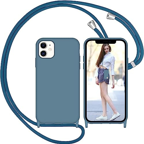Nupcknn für iPhone 11 Hülle mit Band, Liquid Silicone Handykette Handyhülle (Abnehmbar Einstellbar) Necklace mit Kordel zum Umhängen Handy Kette Kratzfestes Stossfest Schutzhülle(Ziegelblau)