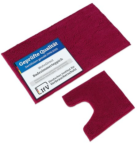 WohnDirect Badematten & Badteppiche Set 2 teilig Beere • WC Vorleger mit Ausschnitt 45x45cm + Badematte rutschfest 50x80cm • Badvorleger frottee waschbar • Badezimmerteppich ÖkoTex • Bath mat