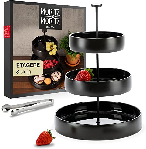 Moritz & Moritz Obst Etagere 3 Etagen - Inkl. Zange - Aus Steinzeug – Moderne Küchen Deko oder Party Deko – Perfekt als Obstschale für Obst Aufbewahrung, Muffins und Cupcakes