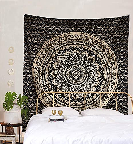 raajsee Indisch Wandteppich Mandala schwarzes Gold, Boho WandDeko, Aesthetic Room Décor, Wandtuch Mandala, Wandbehang Psychedelic 208X210 CM