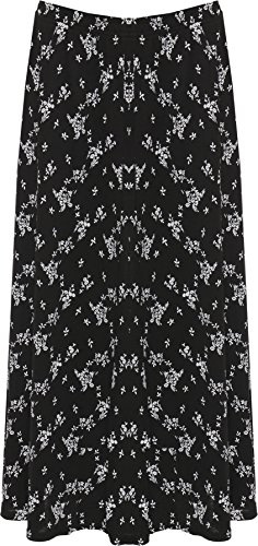 WearAll Womens Plus Floral Midi Skirt Ladies Elasticated Waist Print Stretch Long Black White 12-14