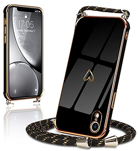 Micoden Handykette für iPhone Xr Hülle Necklace mit Band Herz Design | Kameraschutz Handyhülle Herz Design Galvanik Dünn Silikon Case Bumper Kordel zum Umhängen Stoßfeste Schutzhülle, Schwarz
