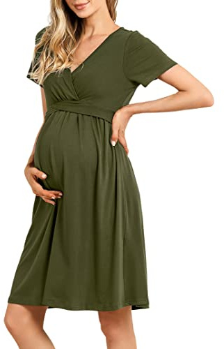KOJOOIN Premaman Abito maternità Abito Allattamento Abiti Gravidanza Manica Corta Scollo a V Vestito Casual Pieghe Verde Oliva M