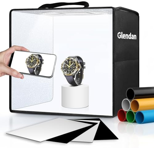 Glendan Light Box Photography, 10x10 Photo Box with 88 High Color Rendering Index LED Lights, 6 Color PVC Backdrops, 4 Reflection Boards and 1 Diffuser for Jewelry and Small Item Product Photography