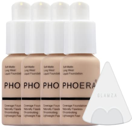 Glamza Phoera Foundation Make-up-Set mit vollständiger Abdeckung, 24 Stunden lang anhaltende Ölkontrolle, weich, glatt, Concealer-Creme, 4 Stück 30 ml Foundation & Silikon-Mixer-Schwamm (102 Nude)