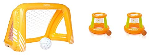 Intex Fun Goals Game - Aufblasbares Wasserballspiel - Wasserballnetz - 140 x 89 x 81 cm & Wasserspiel Floating Hoops, Mehrfarbig, Ø 67 x 55 cm