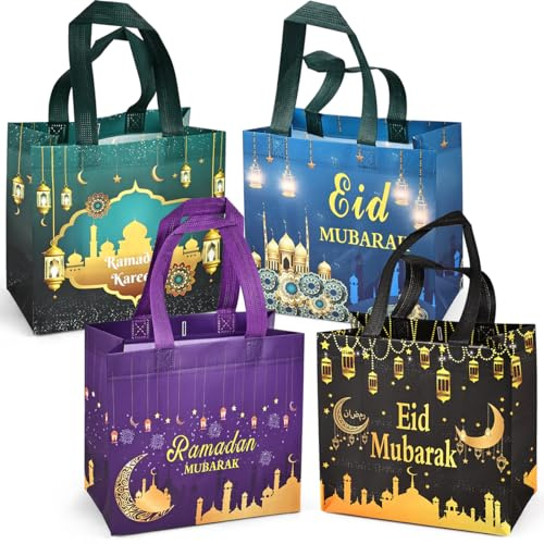 4PCS Eid Mubarak wiederverwendbare Geschenktaschen, Ramadan Mubarak Party Taschen, Multifunktionale Non-Woven Eid Taschen für Geschenkverpackung, Ramadan Kareem Party Supplies, 23×22×11cm