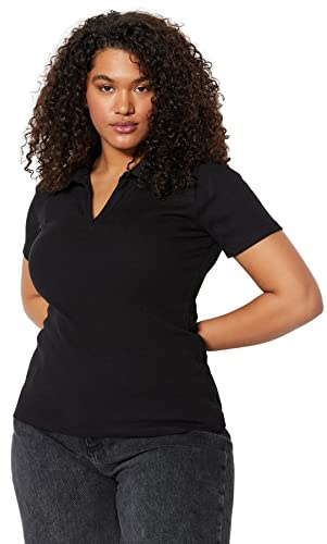 Trendyol Dam normal passform basic polo hals stickad plus storlek blus skjorta, Svart, XXL Plus