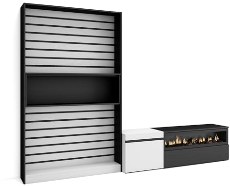 Skraut Home | Wohnwand Wohnzimmer | Wohnzimmermöbel, Möbelset | 260x186x35cm | Für TV-Geräte bis zu 65 | Elektrokamin. Maße | Moderner Stil | Weiß und Schwarz