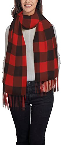 Winterschal – kariert, rot und schwarz, lange Schals, warme Quaste, Stola für Damen, Kariert, rot und schwarz, One size