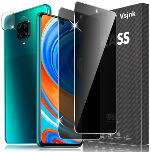 Vsjnk Privacidad Protector de Pantalla Compatible Con Xiaomi Redmi Note 9 Pro Screen Protector,2 Piezas Cristal Templado 1 Piezas Protector de Lente de Cámara 9H Sin Burbujas