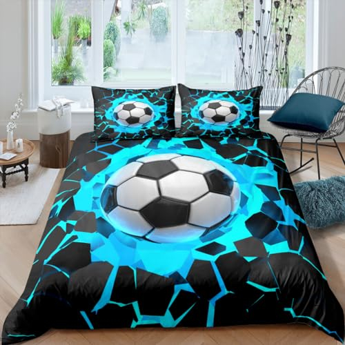 TSOPEFI Fußball Kinderbettwäsche 135x200,3D Fußball-Motiv Jungen Teenager Sport Bettbezug-Set,Blau,Grün Weicher Bequemer Bettbezug für Erwachsene und Kinder (Blau, 135 x 200 cm)