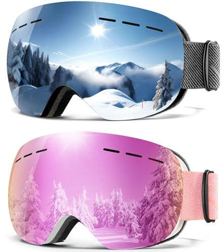 QALLY Anti Fog Ski Goggles for Men Women Snow Goggles with UV Protection Snowboard Goggles, White Frame Silver Lens/White Frame Pink Lens