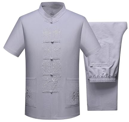 PTATT Tang Anzug Männer Hanfu Stickerei traditionelle Kleidung Kung Fu Uniform Kurzärärmische Manteloberteile und Hosen Light Gray-XXL