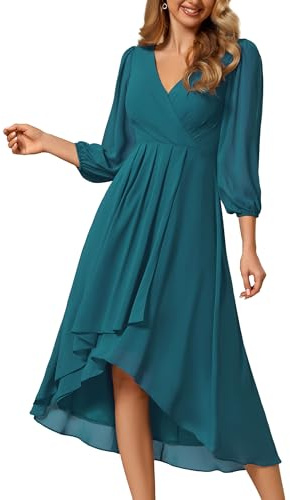 Ever-Pretty Vestido de Boda Invitados Cuello en V Mangas Tres Cuartos para Mujer Vestido de Noche Cintura Imperio de Verano 2025 Verde Azulado 44