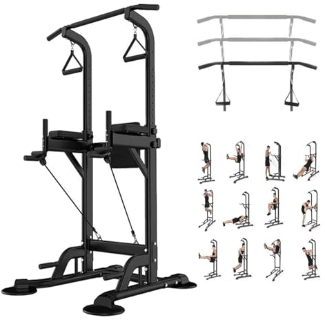 NaKeah Power Tower Dip Station, Pull-Up Bar Station & Multi-Funktions-Fitnessgeräte für das Krafttraining für Eigenheime einstellbare Höhe,Schwarz