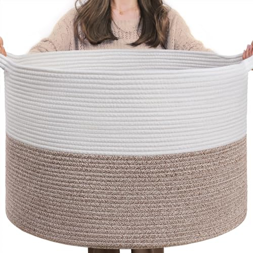 TIMEYARD XXL Wäschekorb aus Baumwollseil, 55 × 35 cm, Weiß & Braun | Für Spielzeug, Wäsche und Decken Ideal fürs Kinderzimmer Weiches Baumwollseil Formstabil