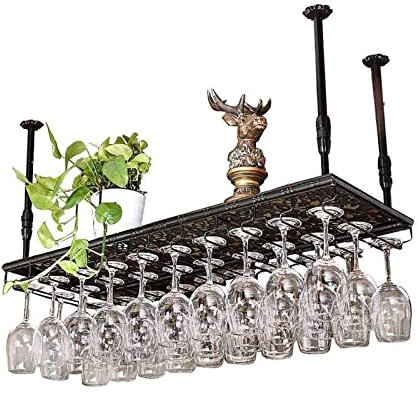 Deckenverzierung Deckenregal Eisenschwarzes Weinregal - Industrielles Retro-Weinglas-Hängegestell aus Metall, Deckendekoration, schwimmendes Regal mit verstellbaren Stangen, für Bars, Restaurants, Kü