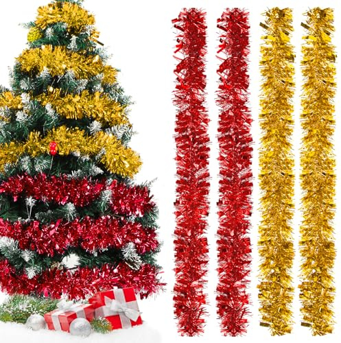Lametta Girlande Weihnachten Rot & Gold,Metallisch Girlande Weihnachtsbaum,4 Stück Glänzend Weihnachtsgirlande,Weihnachtsbaumschmuck Girlande,Lamettergirlande,Festliches Lamettaa Dekoration