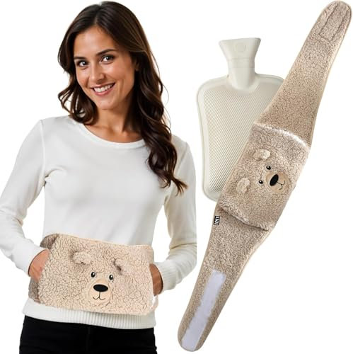 LKH Wearable Hot Water Bottle Belt with Luxurious Sherpa Cover UK 1Litre Period Pain Relief Belt Wrap Around Portable Natural Rubber Hot Water Bag Removable & Washable Cover Gift for Her (Beige)